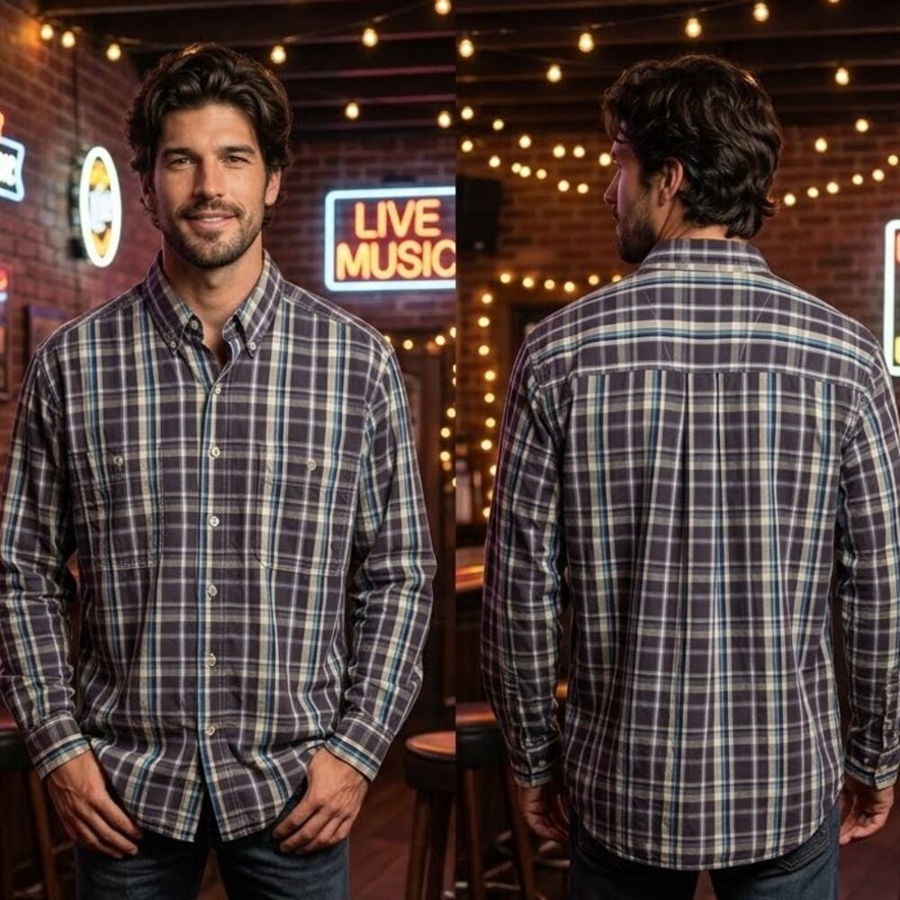 Wrangler Rugged Wear Men's Medium Gray Blue Plaid Wrinkle Resist Shirt